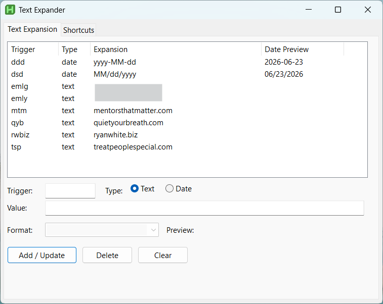 AutoHotKey text expander GUI showing trigger, type, and expansion columns