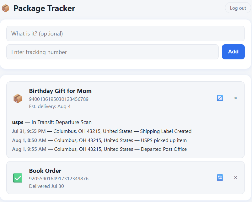Package Tracker app with one package expanded, showing carrier name, current status, and a list of checkpoint events with timestamps and locations