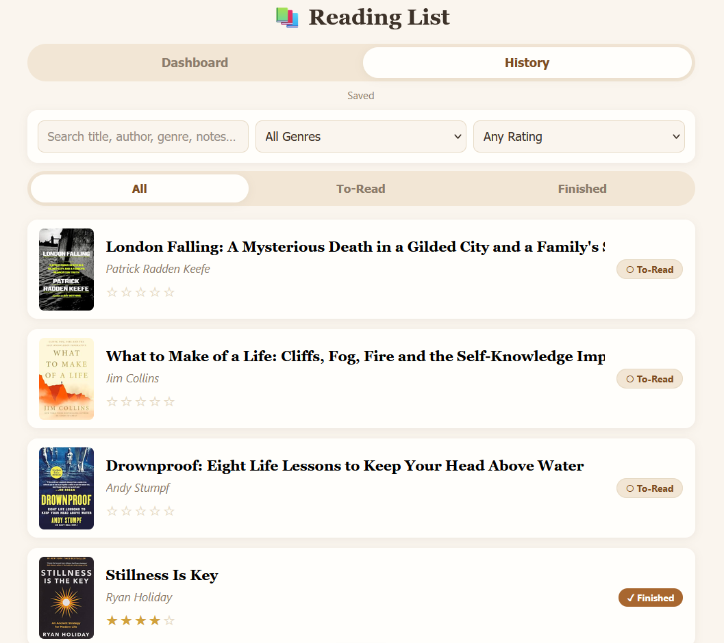 Reading List History tab showing a compact, searchable list of books with cover art, title, author, star rating, and a To-Read or Finished status tag