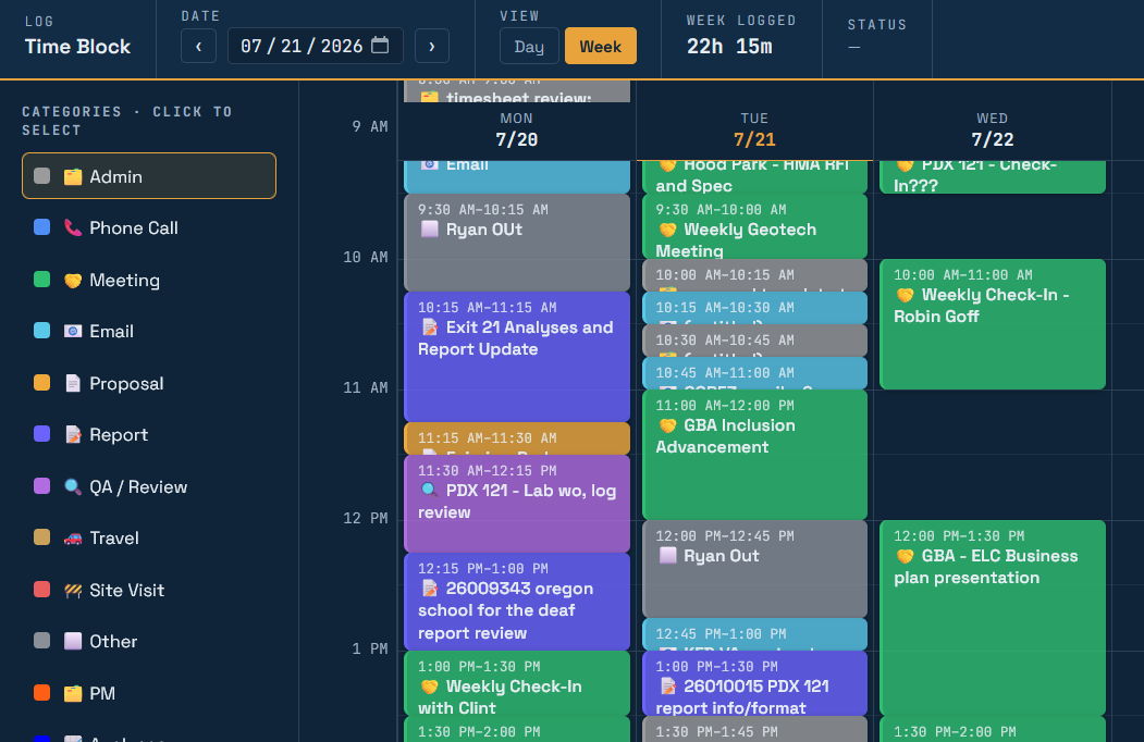Time Block week view showing color-coded time blocks by category across Monday through Wednesday, with weekly hours logged