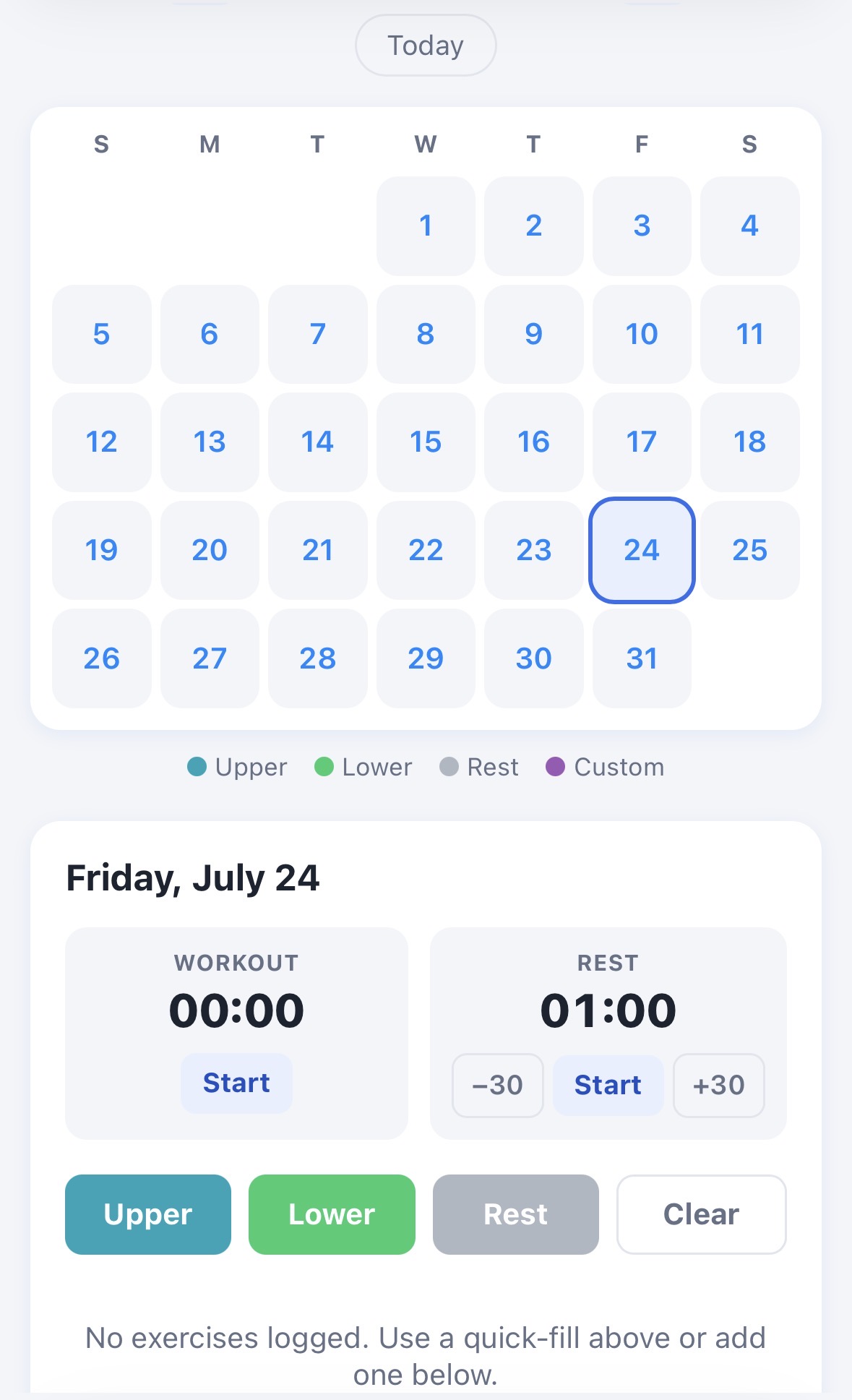 Workout Tracker month calendar with a day open, showing the workout and rest timers above the Upper/Lower/Rest/Clear quick-fill buttons