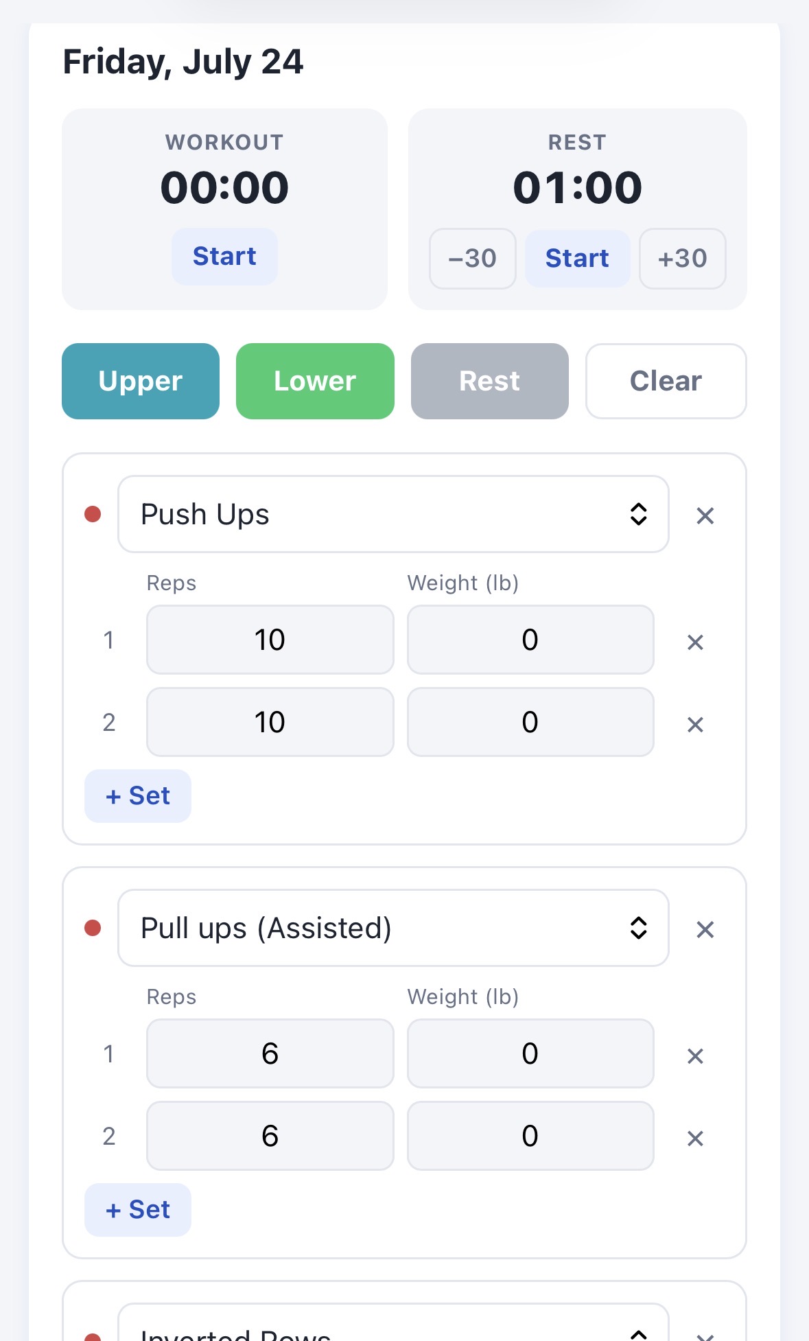 Workout Tracker day panel showing logged exercises with editable reps and weight, non-negotiable lifts flagged with a red dot